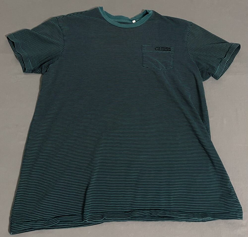 Guess Originals Mens XL Teal Black Stripe Pocket T-Shirt Embroidered Logo
